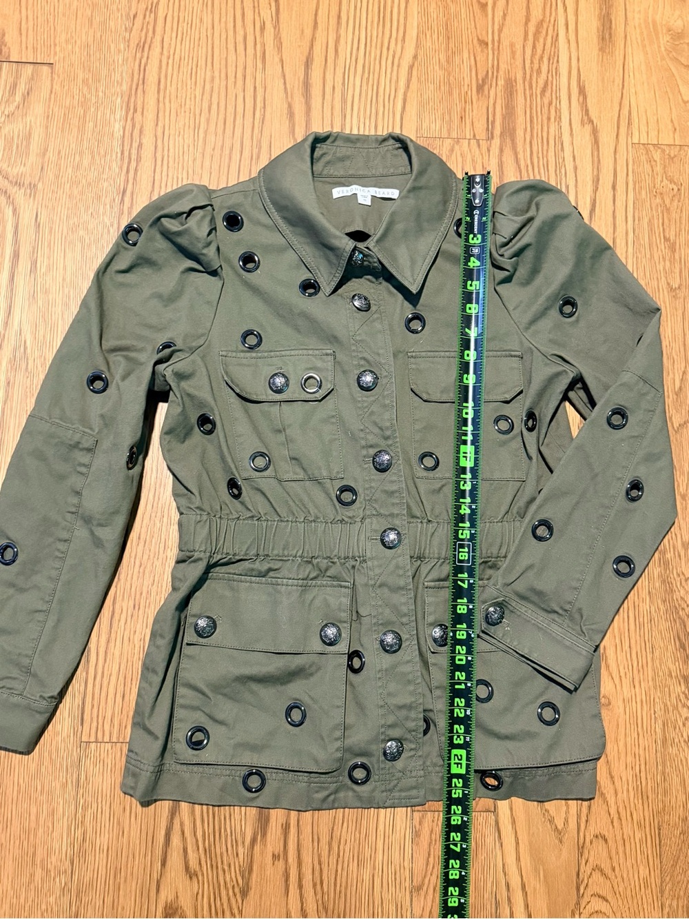 Veronica Beard Olive Grommet Military Utility Jacket Puff Sleeve Size 10 - Picture 3 of 11